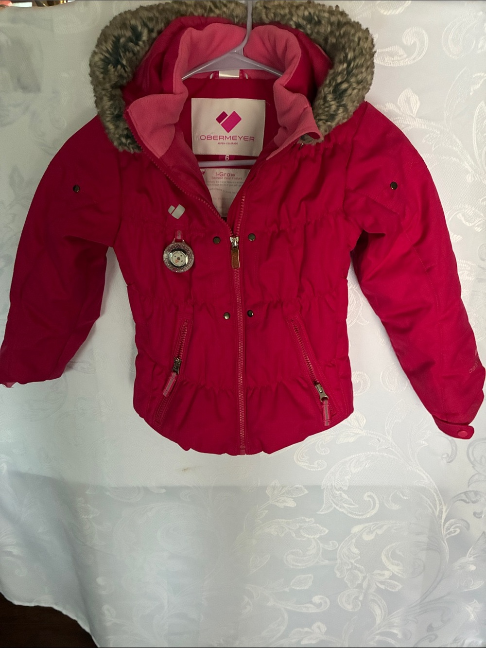Obermeyer Girls' Bright Pink Faux-Fur Hooded Puffer Jacket